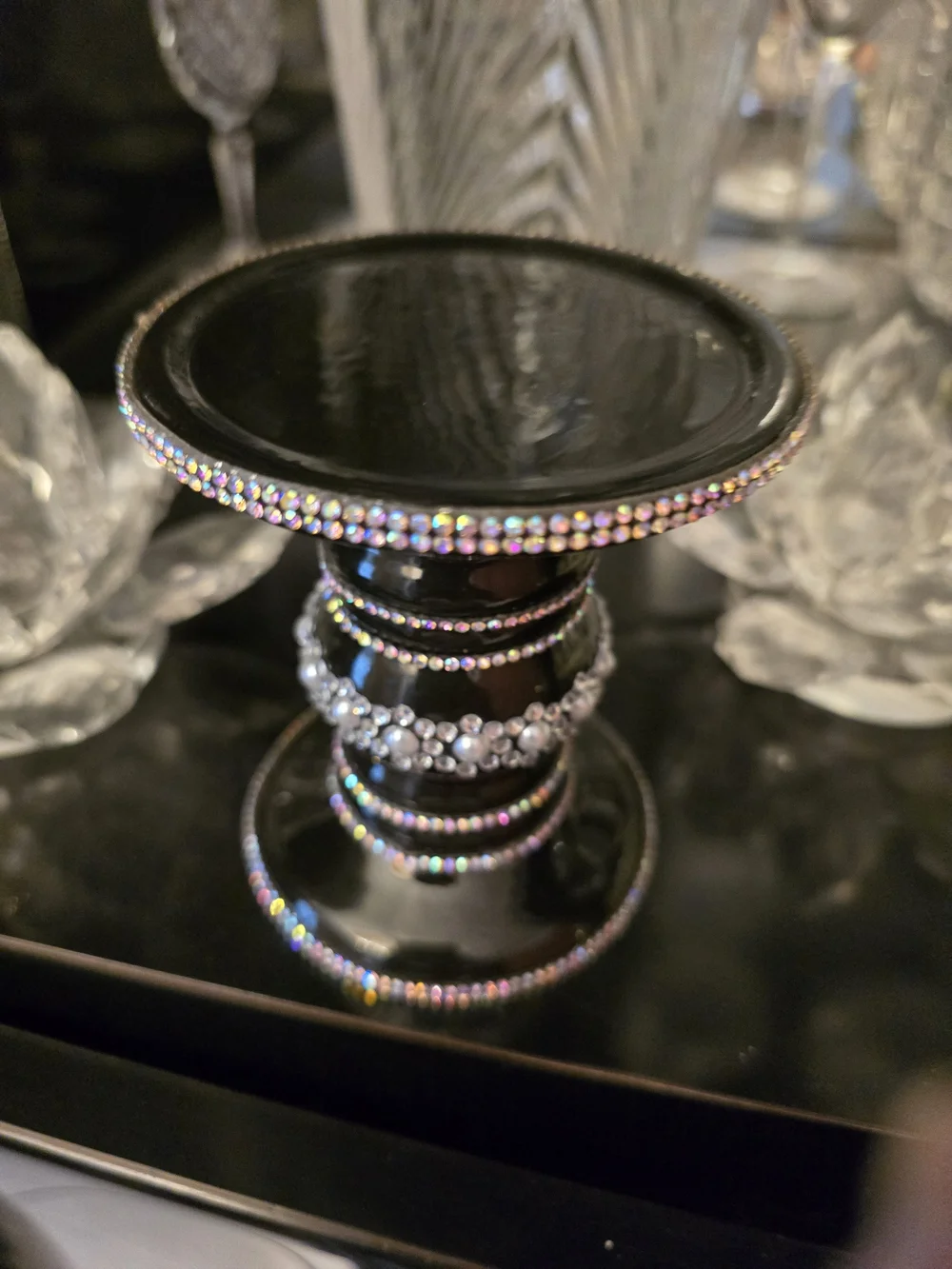 Black Jeweled Decorative Candle Holder New 4x3.5 In Candle Not Included Handmade